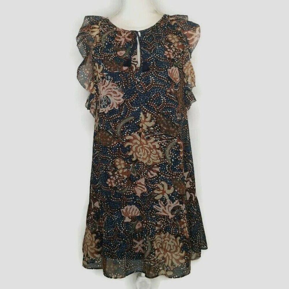Madewell Dress XXS  Flutter Sleeve Blue Tan Rust Print Tassel Tie Keyhole Boho